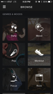 Spotify's sleek user interface presenting the "genre and moods" categories.