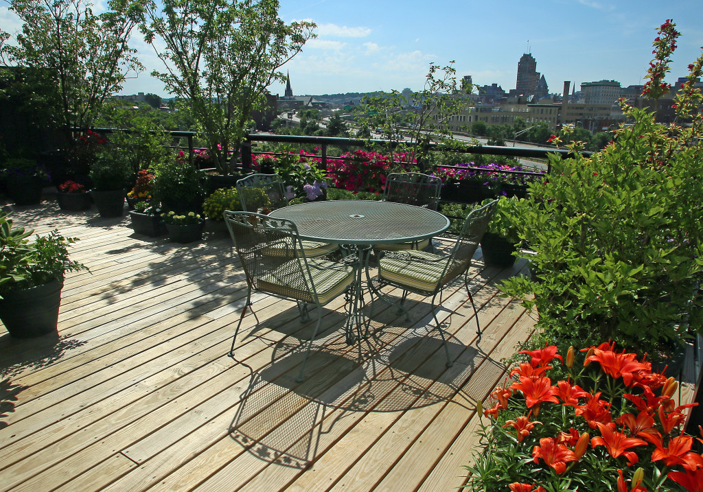 The roof-top garden at Mission Landing in Franklin Square has views of downtown. Photo by Gloria Wright | Syracuse New Times