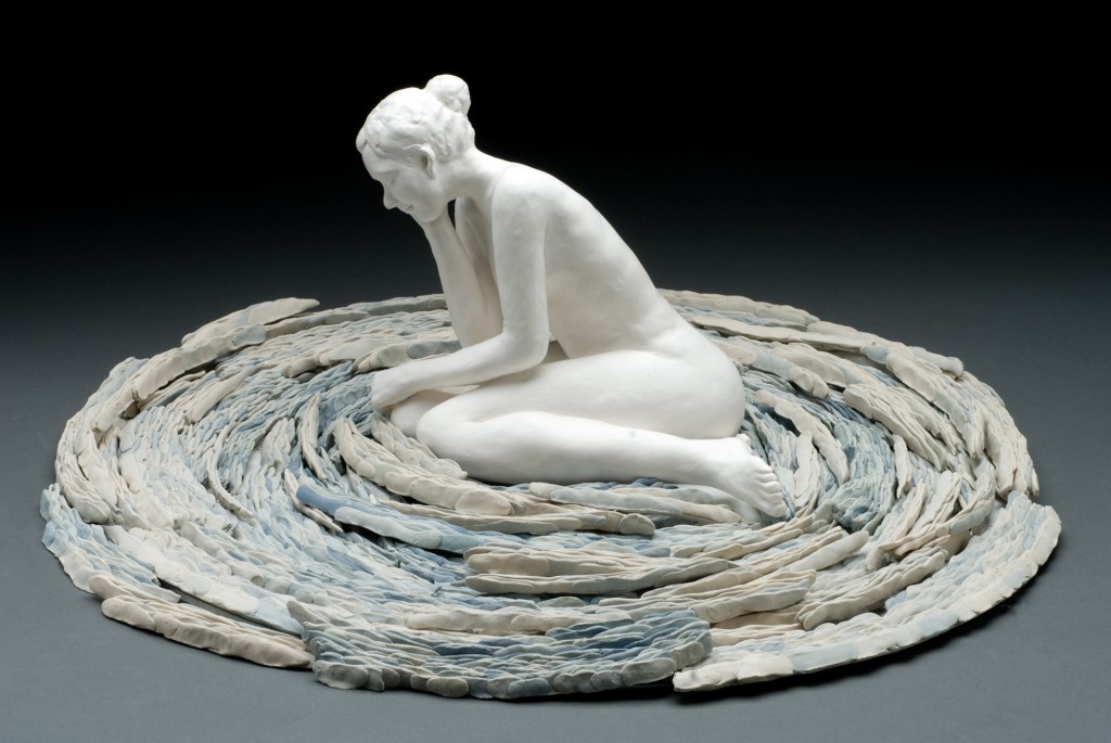 Jee Eun Lee’s stoneware creation, shows a woman sitting on what looks like a stream of water, as the current represents the flow of life.
