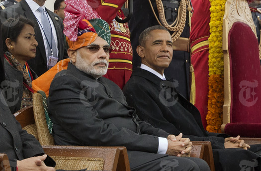 President Barack Obama and Indian Prime Minister Narenda Modi watch a parade and award ceremony during India's Republic Day celebration in New Delhi on Jan. 26. 