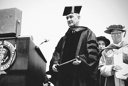 President Lyndon B. Johnson attends the Newhouse 1 dedication, August 5, 1964, where he delivered the Gulf of Tonkin Speech, a reiteration of his televised talk to the nation the previous night. Two days later, the House and Senate passed the Tonkin Gulf Resolution, allowing the president to escalate U.S. involvement in the Vietnam War. (Photo: sumagazine.syr.edu)