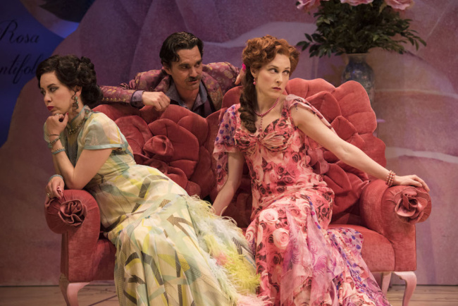 (l to r) Nicole Underhay as Belinda Treherne, Gray Powell as Cheviot Hill and Diana Donnelly as Minnie Symperson in Engaged. Photo by David Cooper.