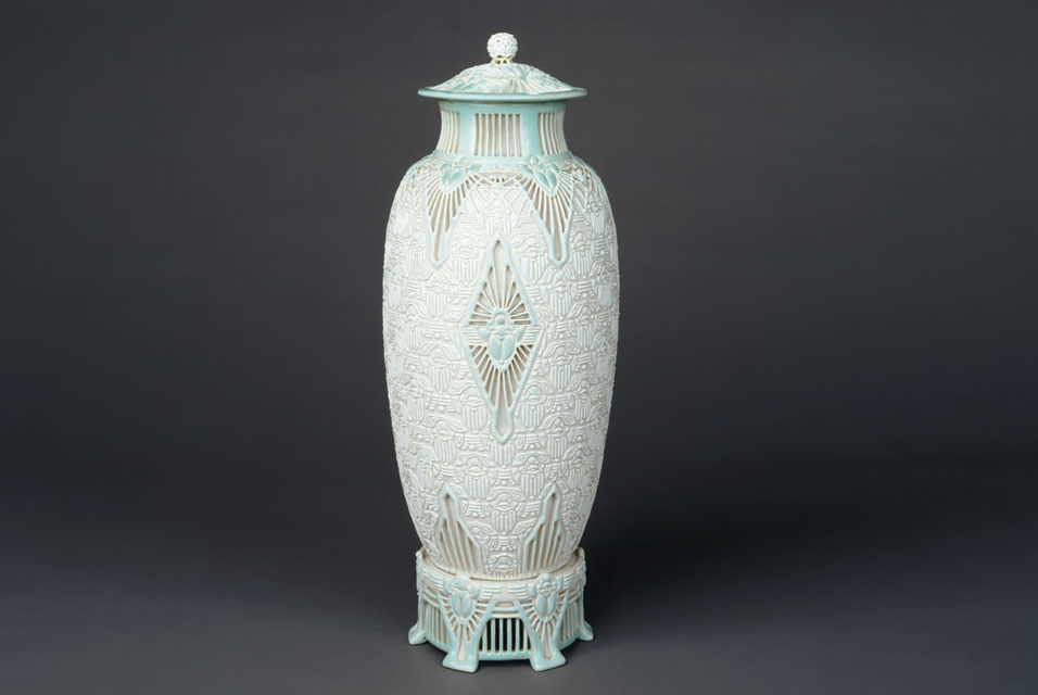 Adelaide Alsop Robineau, American (1865 - 1929), Scarab Vase (The Apotheosis of the Toiler), 1910. Porcelain. Museum purchase. 
