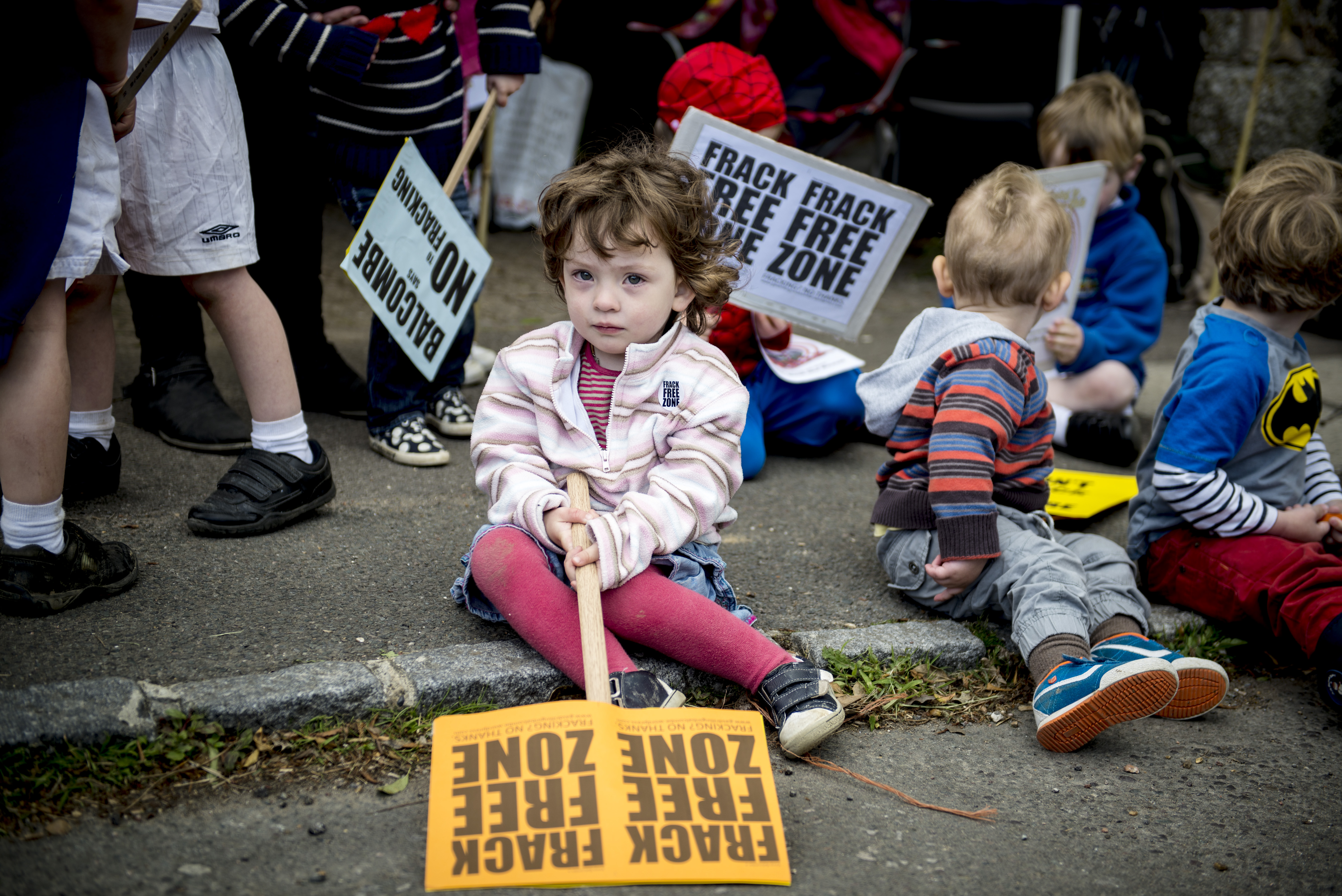 Children take part in a protest against hydraulic fracturing, commonly known as fracking, in the town of Balcombe, England, May 23, 2013. An energy company's plan to drill an exploratory shale-gas well in the bucolic area of Balcombe has galvanized residents. (Andrew Testa/International Herald Tribune)