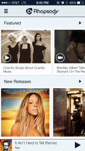 Rhapsody's home page on its mobile app, displaying featured music and new releases.