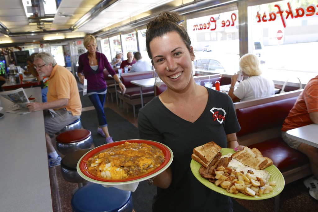 Gem Diner. Waitress Danielle with Shepards Pie and Bacon & Eggs. Michael Davis Photo | Syracuse New Times