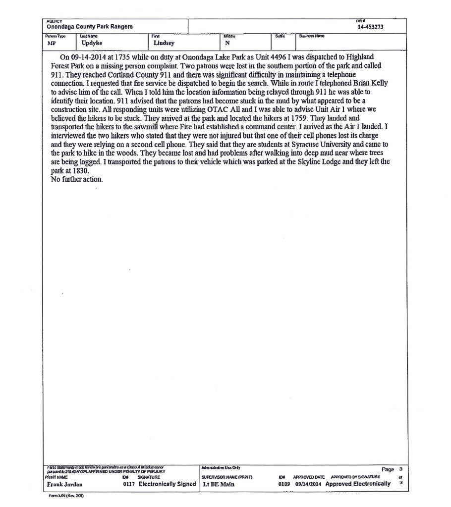 Incident report filed by the Onondaga County park rangers.