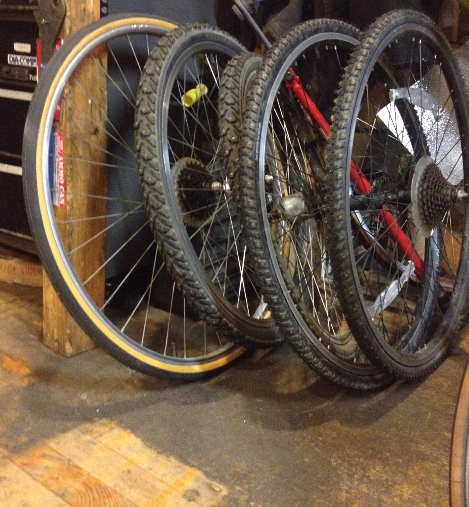 Steel-studded tires at Mello Velo Bike Shop | Photo by Leanna Garfield