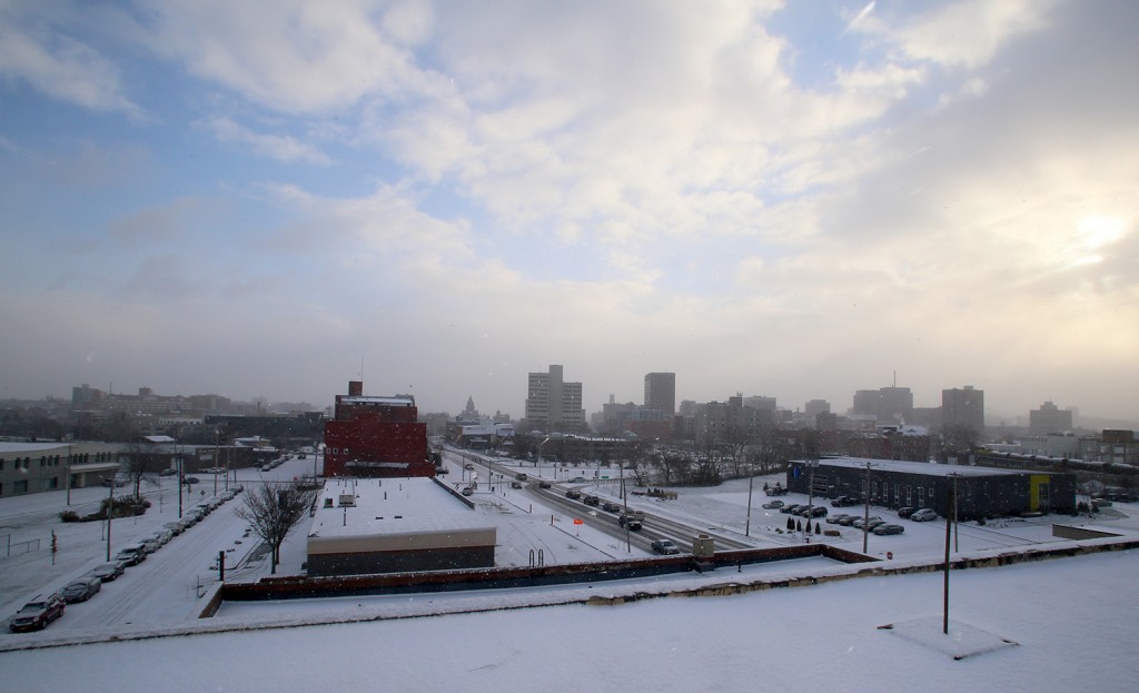 Even on a snowy day, the view from the roof of  the former C.G. Meaker Food Co. warehouse shows downtown Syracuse. On a clear day, both Destiny USA and the hills and valleys south of the city are visible.