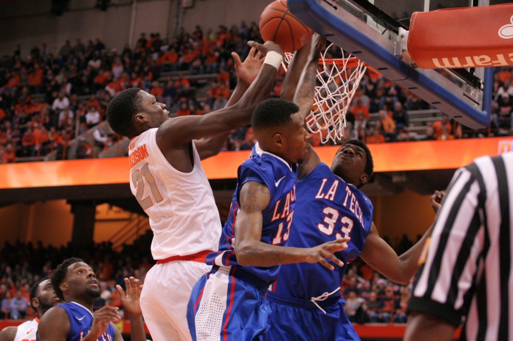 Sophomore forward Tyler Roberson goes up for a layup against LA Tech. Michael Davis Photo | Syracuse New Times