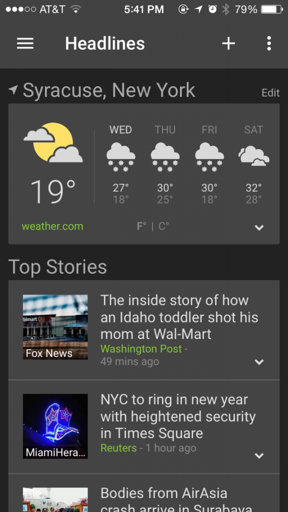 Screenshot of the Google News app depicting the local weather and top stories around the world. Screenshot by David Armelino | Syracuse New Times