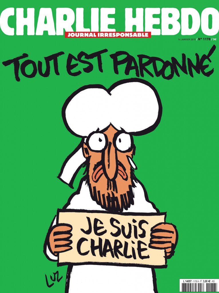 A handout document released on January 12, 2015 in Paris by French newspaper Charlie Hebdo shows the frontpage of the upcoming "survivors" edition of the French satirical weekly with a cartoon of the Prophet Mohammed holding up a "Je suis Charlie" ('I am Charlie') sign under the words: "Tout est pardonne" ('All is forgiven'). The frontpage was released to media ahead of the newspaper's publication on January 14, 2015, its first issue since an attack on the weekly's Paris offices last week left 12 people dead, including several cartoonists. It also shows Mohammed with a tear in his eye.  AFP PHOTO  / HO  /CHARLIE HEBDO  