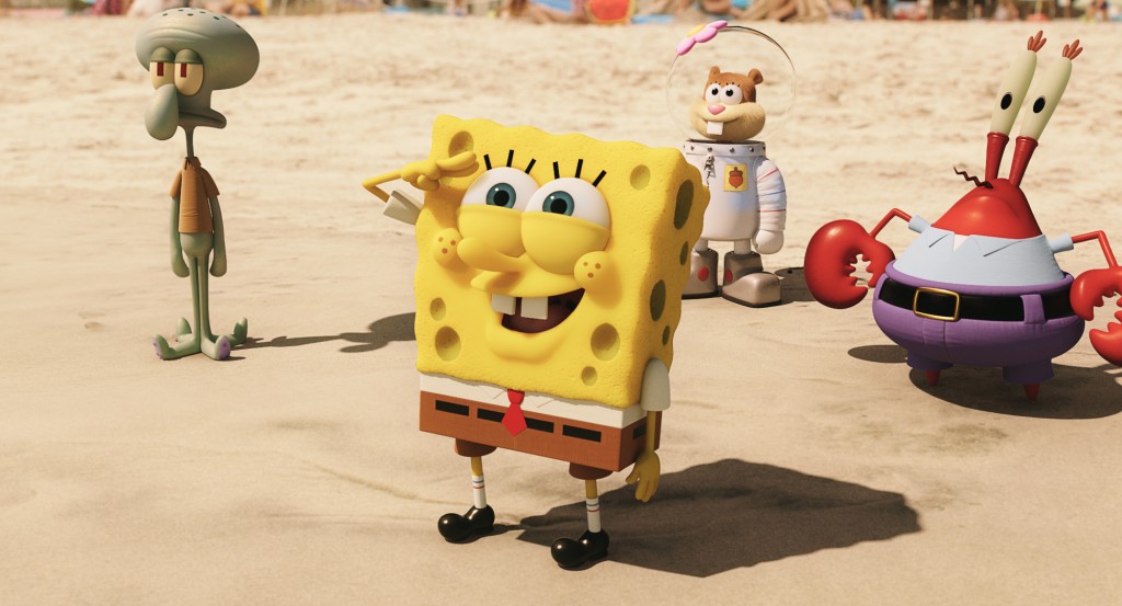 Left to right: Squidward Tentacles, SpongeBob SquarePants, Sandy Cheeks, and Mr. Krabs in THE SPONGEBOB MOVIE: SPONGE OUT OF WATER, from Paramount Pictures and Nickelodeon Movies. 