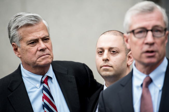 Dean Skelos, the former New York State Senate majority leader, and his son Adam Skelos, right, leave federal court after being found guilty on all counts at their corruption trial in New York, Dec. 11, 2015. Adam Skelos benefited from roughly $300,000 via consulting work and a no-show job secured through the influence of his father. (Andrew Renneisen/The New York Times)