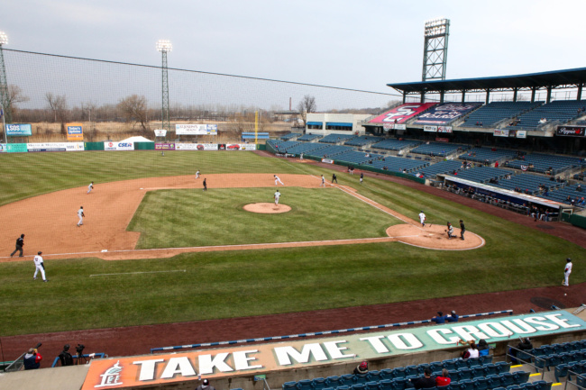 A landscape shot of the baseball diamond during the Syracuse Chief's opening game.