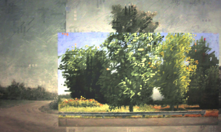 A muddy looking painting of trees along a rural road.
