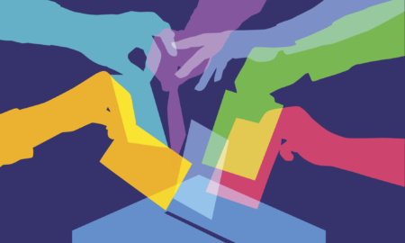 Colourful overlapping silhouettes of people voting.