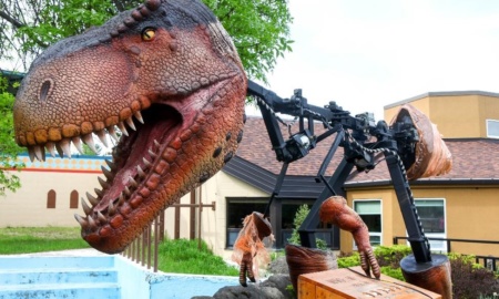 A robotic dinosaur has a lifelike head but a steel frame body, waiting to be completed.