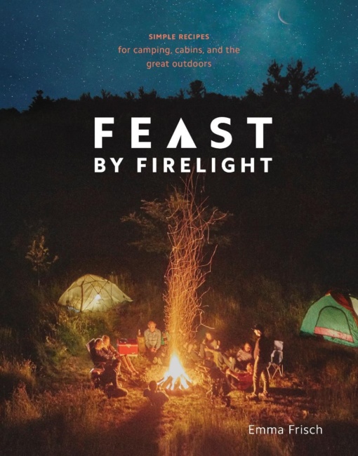 The cover of the book "Feast by Firelight" about camping food shows a stylized picture of a group of people sitting around a campfire.