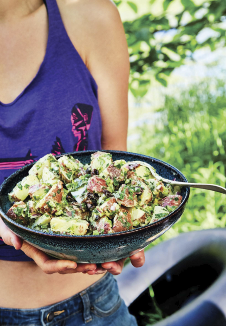 A bowl of Lemon and Parsley Potato Salad, one of the camping foods listed in her book.