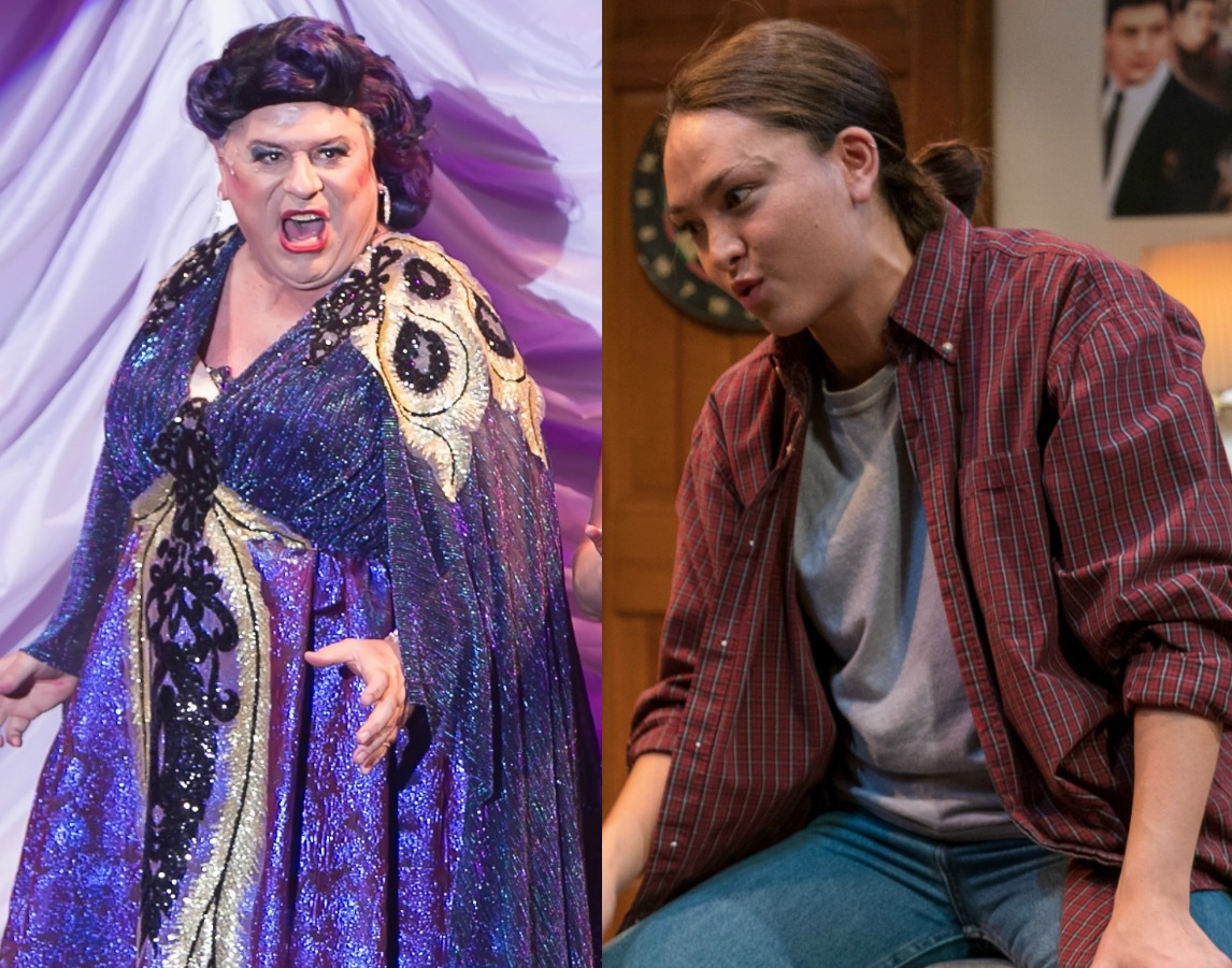 Instances of gender-bending in two Central New York plays. The left photo shows a man in makeup and a long purple dress, the right shows a woman dressed in a flannel and jeans like a young man.