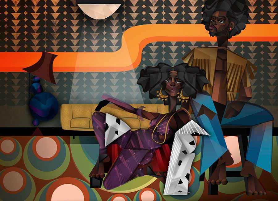 Artowrk by Jaleel Campbell has a digital, angular feel with bright colors. It depicts an African-American couple lounging together.