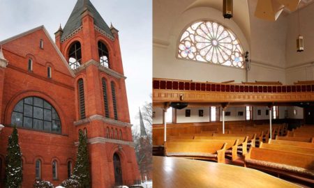 The left photo shows the outside of a tall steepled church, while the right photo is a shot from the inside. Rows of pews sit in amphitheater style, with a balcony section on the sides and a circular stained glass window above.