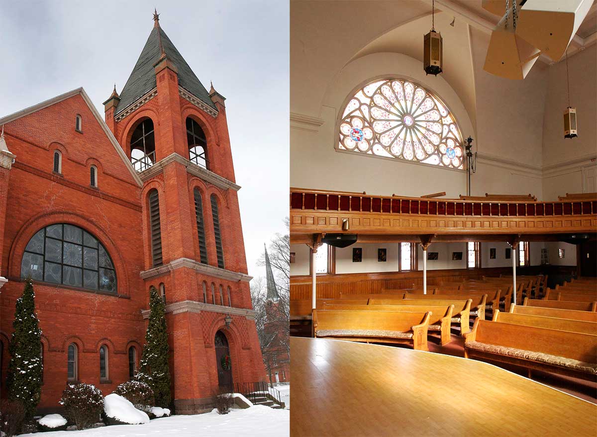 The left photo shows the outside of a tall steepled church, while the right photo is a shot from the inside. Rows of pews sit in amphitheater style, with a balcony section on the sides and a circular stained glass window above.